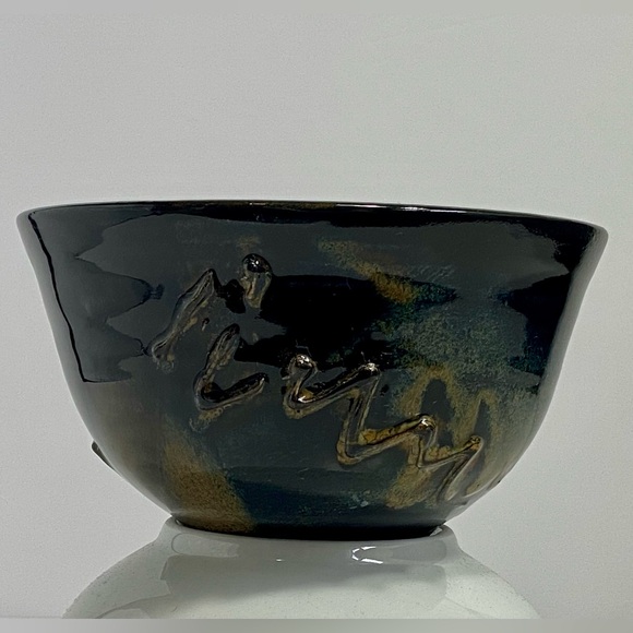 Studio Art Pottery Navy Blue Brown Glossy Textured Glazed Bowl 5.75” x 3” Signed - Picture 6 of 16